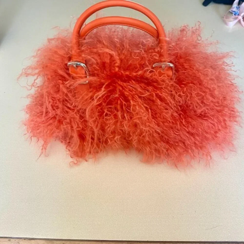 DKNY Avant Garde Designer Bright Orange Fur-Effect Purse-Lux Statement Piece - Picture 2 of 5